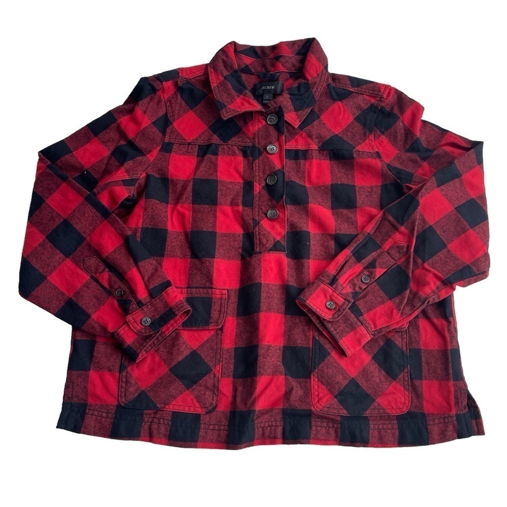 J. Crew Red & Black Plaid Buffalo Wool Blend Pullover Shacket US L Petite